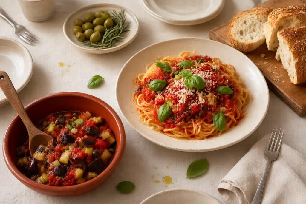 A family-style Sicilian table with caponata, pasta, bread and a few shared plates, with no signage or identifiable people.